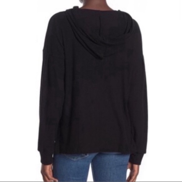 Project Social T Black Ribbed Balloon Dolman Sleeves Thin Knit Hoodie Top S New - Picture 2 of 8